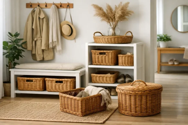 Kaip sutvarkyti prieškambarį su pintais krepšiais