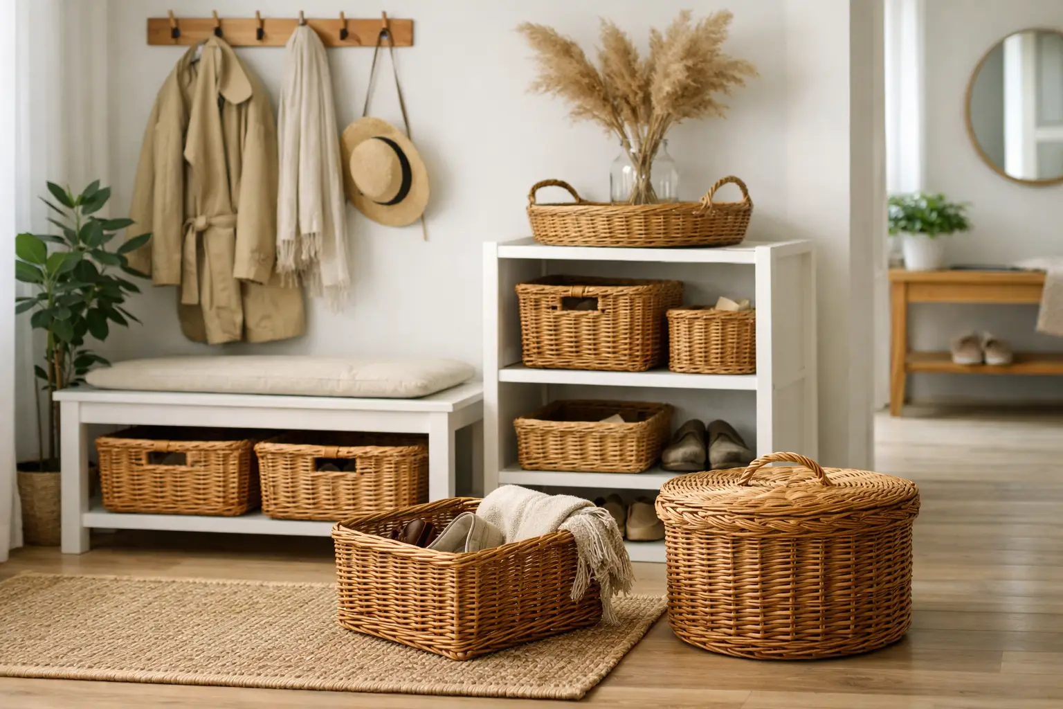 Kaip sutvarkyti prieškambarį su pintais krepšiais